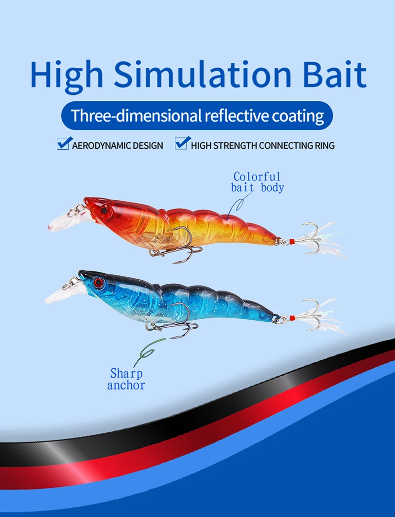 Un señuelo de pescado azul y rojo con un recubrimiento reflectante tridimensional