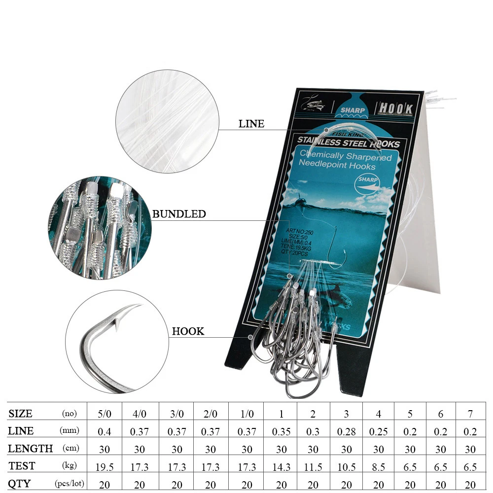 NGB 20 piezas anzuelos de pesca de acero inoxidable con línea 30cm soporte para cebo de agua salada aparejos de pelo anzuelo de pesca de mar con púas afiladas - imagen 3