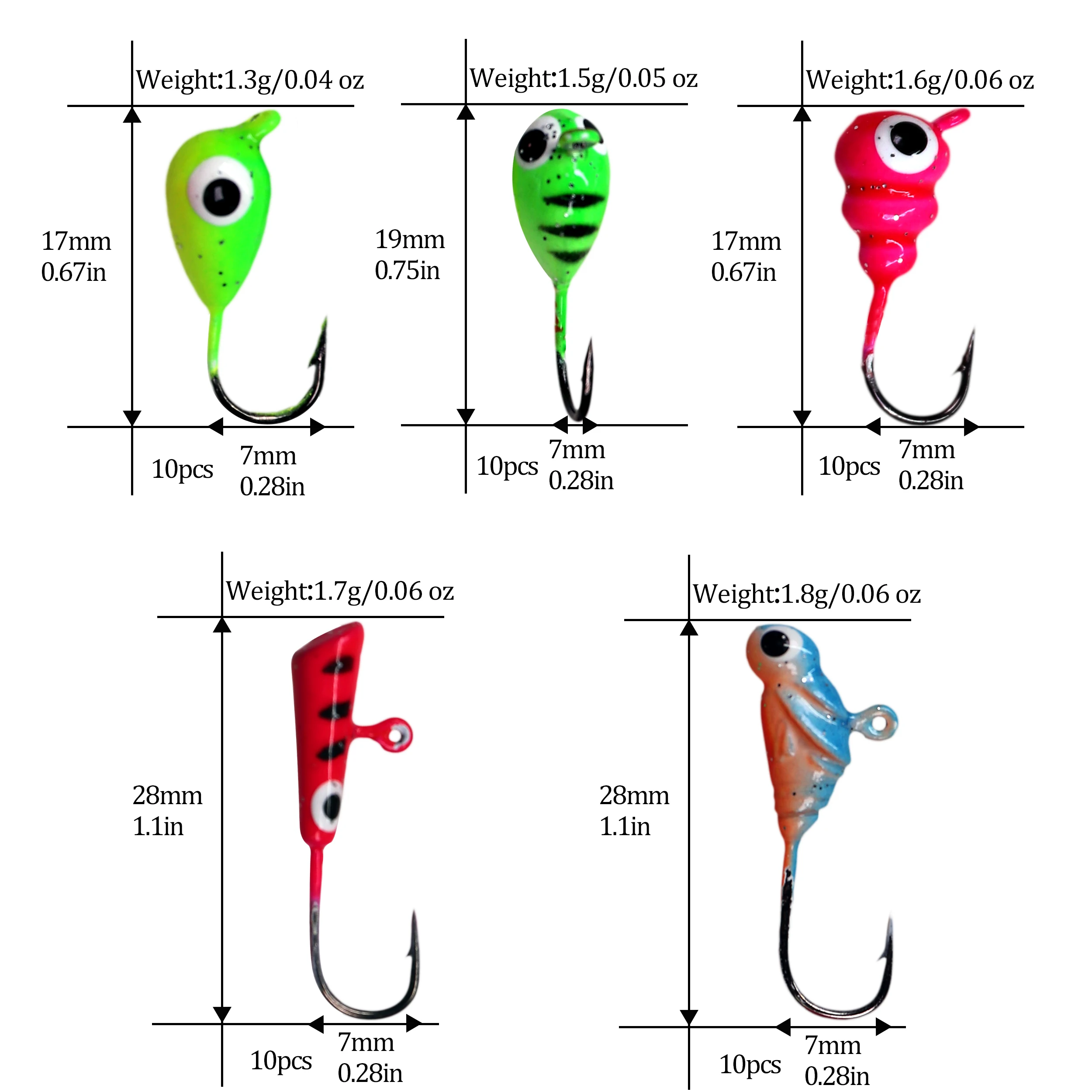 THKFISH 50 Uds. Kit de Señuelos de anzuelo de pesca en hielo de invierno 1,3g-1,8g cebos duros de pesca en hielo para anzuelos de acero al carbono con cabeza de JIg Walleye - imagen 4