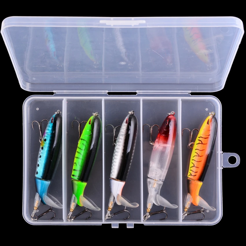 5 unids/caja 100mm flotante Popper juego de Señuelos de Pesca cebo duro Artificial señuelos cola giratoria suave caja de aparejos de pesca - imagen 5