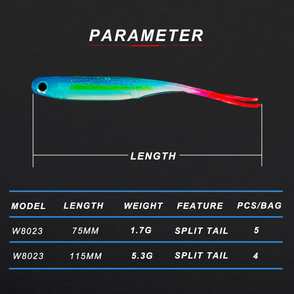 NOEBY-señuelo de pesca de silicona, cebos blandos, carpa de natación, cola de pez, dividido, malla Real, Señuelos de Pesca, 7,5 cm, 11,5 cm - imagen 2