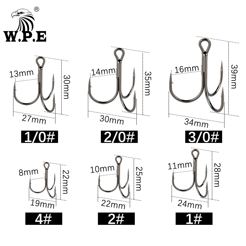 W.P.E 1 paquete/10-15 piezas Gancho triple 4 # -3/0 #   Anzuelos de pesca de acero rico en carbono, señuelo suave, aparejos de pesca de lubina, anzuelos de púas redondos - imagen 2