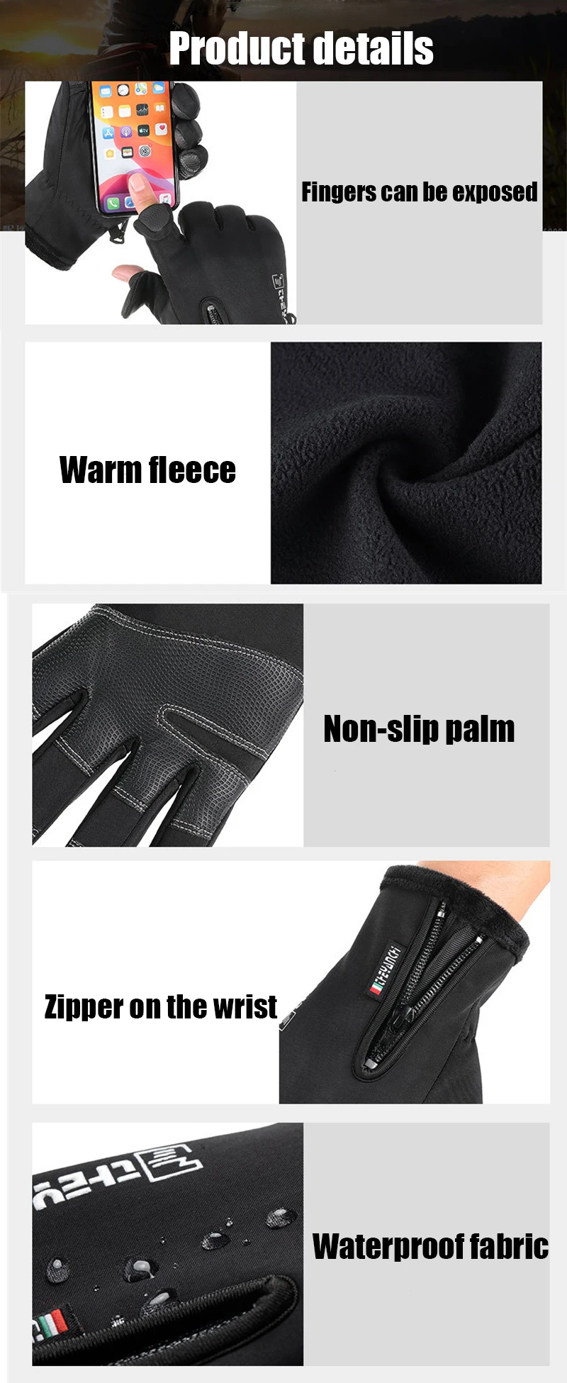 Una página de producto para guantes con una imagen de una mano con un guante