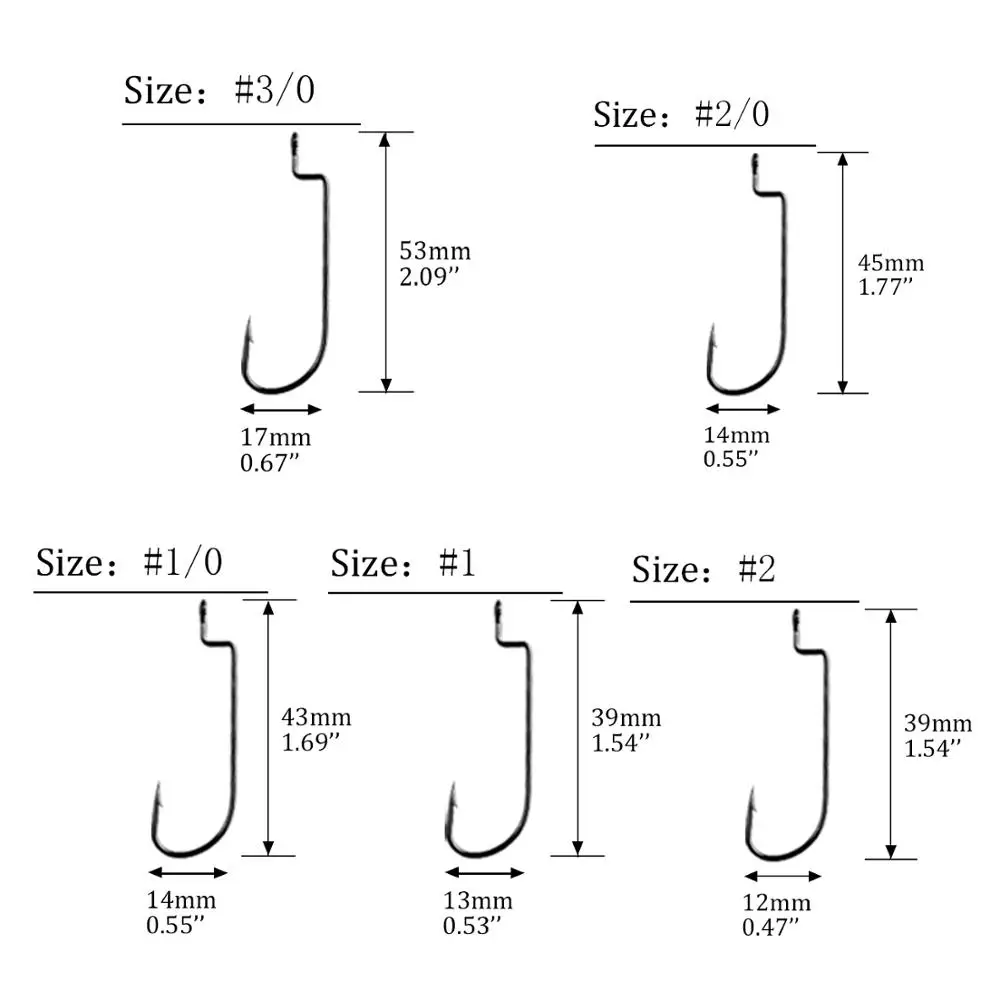 THKFISH 50 anzuelos de pesca # 3/0 # 2/0 # 1/0 # 1 # 2 ganchos de púas de acero al carbono, gancho de manivela larga para aparejos de pesca de gusanos blandos - imagen 2