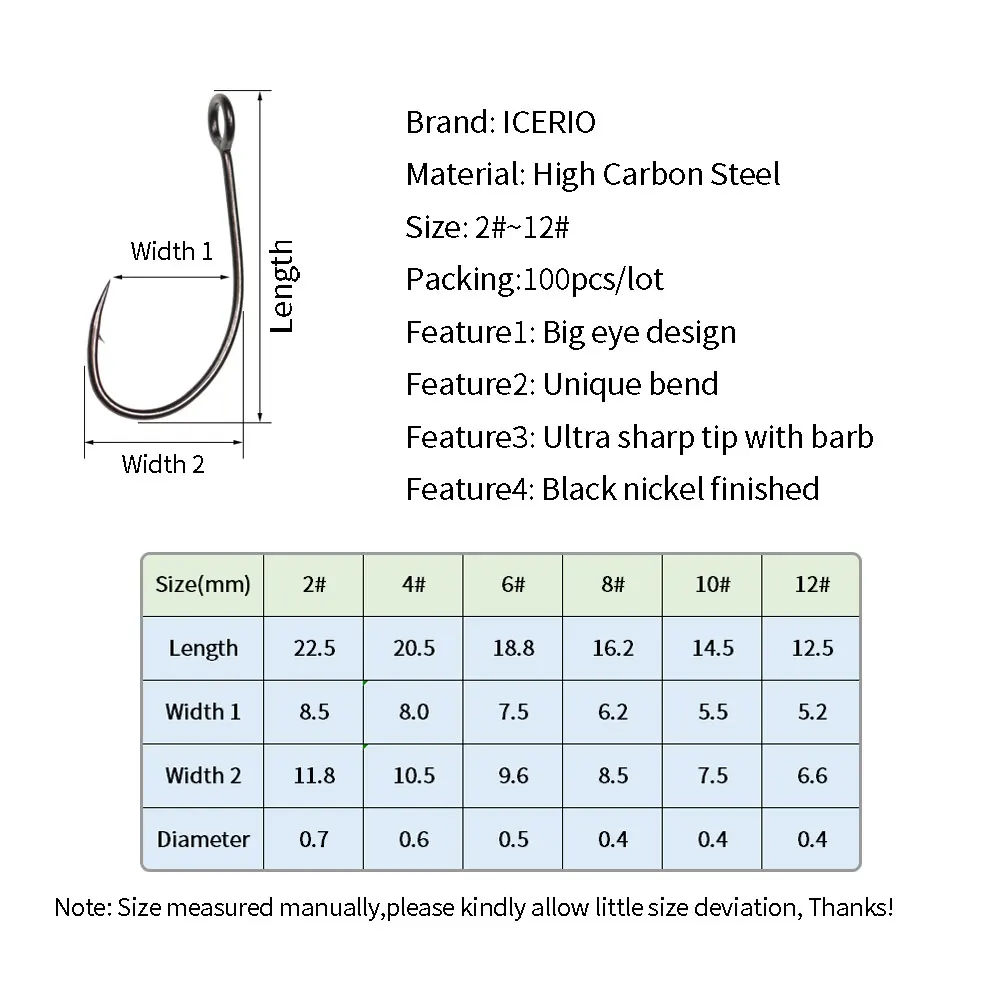 ICERIO100PCS-anzuelos de pesca con mosca, señuelo de acero con púas de alto carbono, de ojo grande, acabado en níquel negro