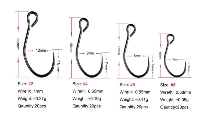 ESFISHING-anzuelo de gusano, 20 piezas, anzuelos de acero rico en carbono No 2, 4, 6, 8, señuelo de Pesca, accesorios de Pesca, tiro de gota - imagen 5