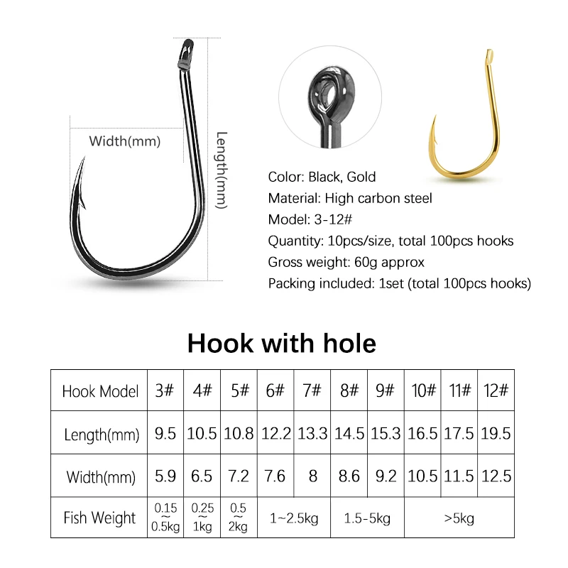 Anzuelos de pesca de acero al carbono, juego de anzuelos de púas torcidas, accesorios de aparejos, 3-12 #, 100 Uds. - imagen 2