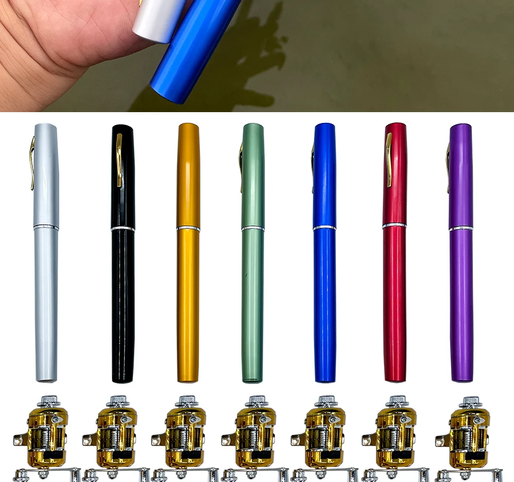 Una colección de bolígrafos con diferentes colores. La parte superior de la imagen muestra un primer plano de una persona sosteniendo un bolígrafo azul y la parte inferior muestra una fila de bolígrafos de varios colores como negro, amarillo, verde, azul, rojo y morado.