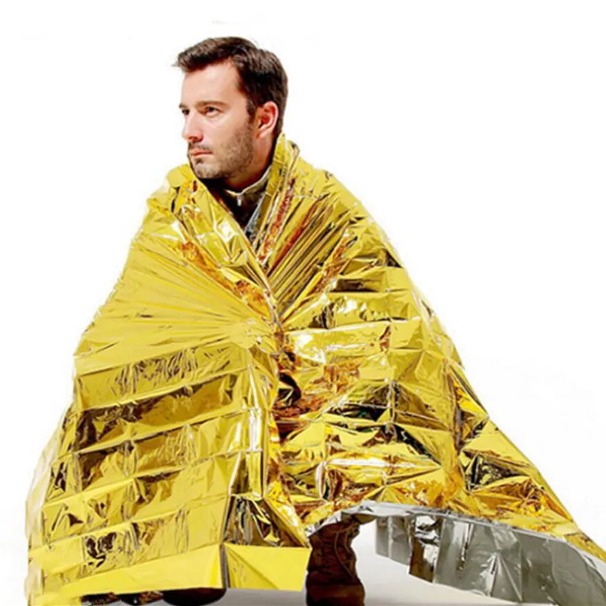 Manta de emergencia impermeable para exteriores, aislamiento térmico salvavidas, de rescate de primeros auxilios, Color dorado y plateado doble, 160x210cm - imagen 3