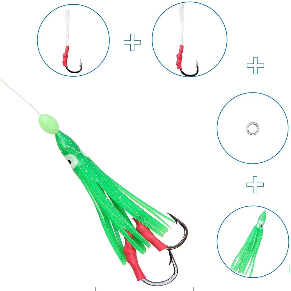 Anzuelo de ayuda de pesca con línea de PE, anzuelos de cebo, faldas de calamar, señuelo de pesca de pulpo, cuentas luminosas de anillo dividido, 100 unids/caja - imagen 4