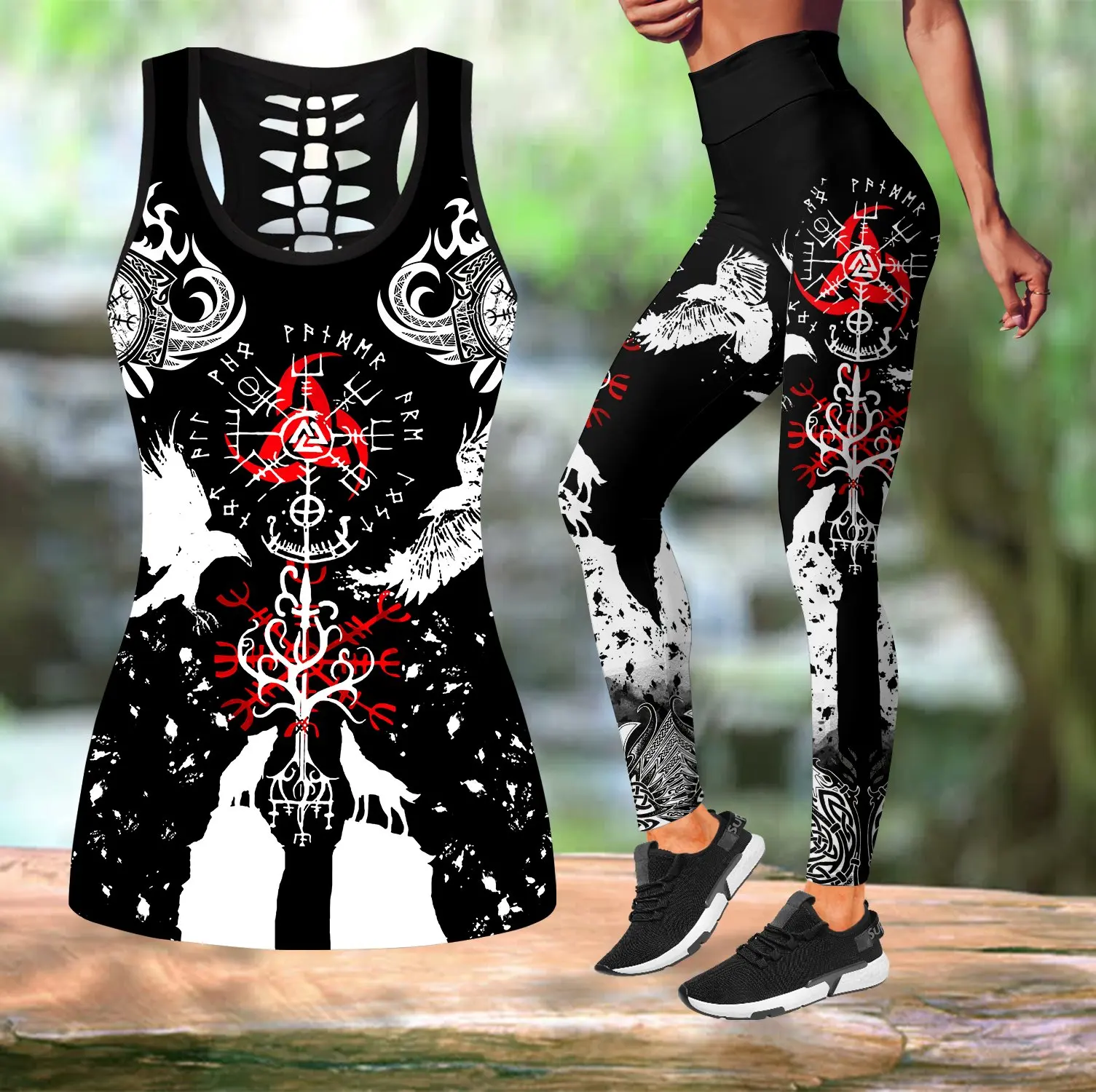 Huginn y Muninn Raven Tattoo Impresión 3D Camiseta sin mangas hueca y leggings Conjunto Fitness Mujer Leggings largos 13 estilos Pantalones de yoga - imagen 4