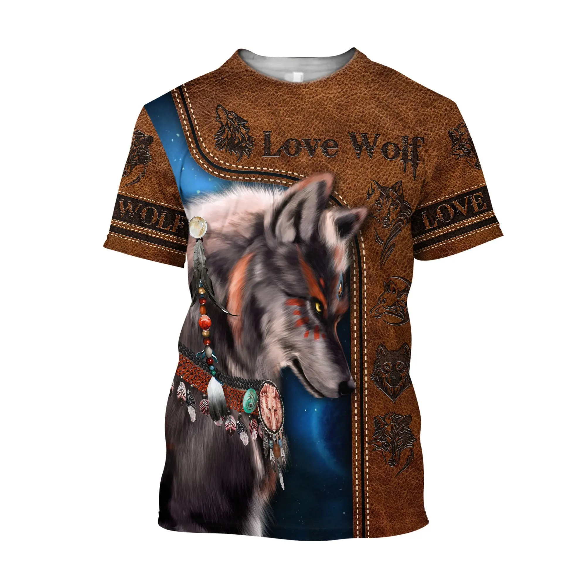 Camiseta Harajuku hombre/unisex – Estampado lobo nativo manga corta - imagen 5