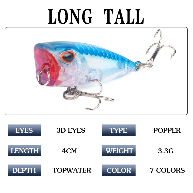 Señuelo de pesca Artificial Popper, 1 unidad, 4cm, 3,3g, Crankbait, Wobblers, gancho de acero de alto carbono - imagen 3