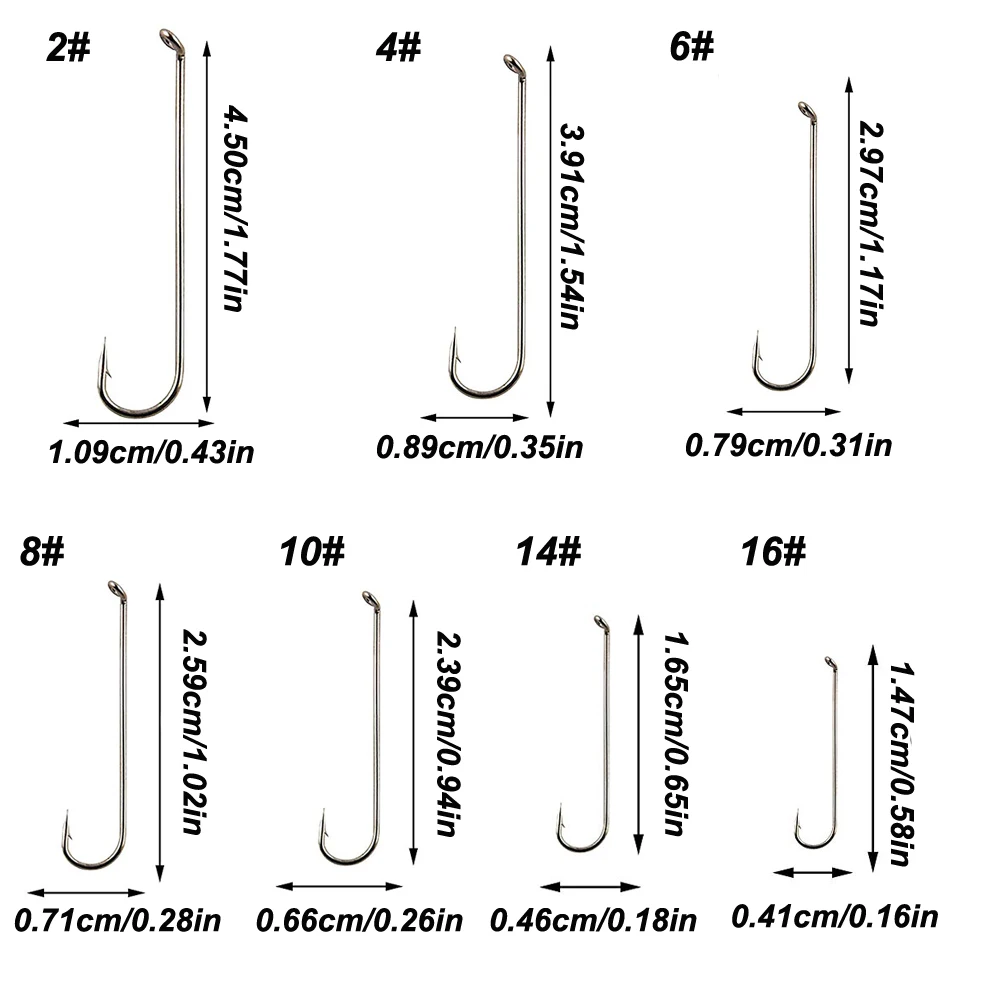 Anzuelos de pesca de caña larga, serpentina de acero al carbono, anzuelos de pesca con mosca seca, aparejos de pesca para agua dulce y salada, 450 unids/caja - imagen 2
