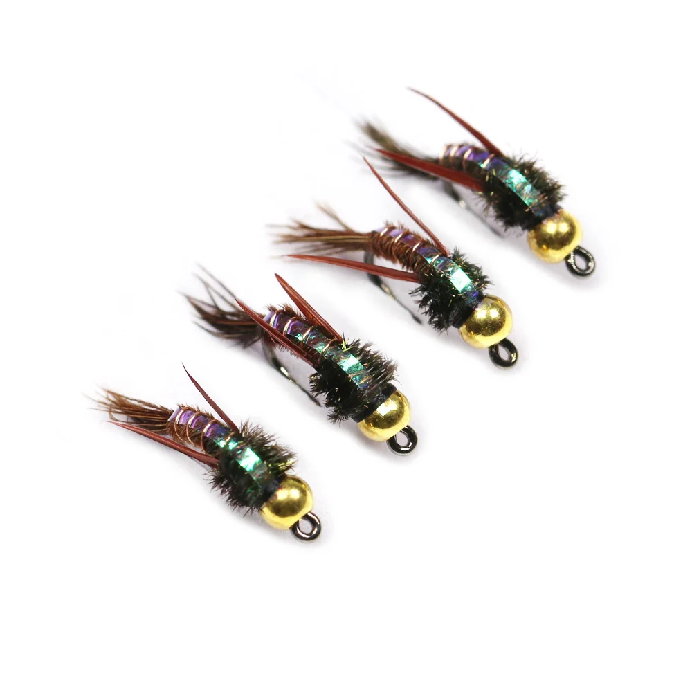 Bimoo 6PCS Brass Beadhead Flash Back Pheasant Tail Ninfas 12 # Cebos de señuelo de pesca de trucha con mosca hundimiento de alambre ponderado con gancho sin púas - imagen 3