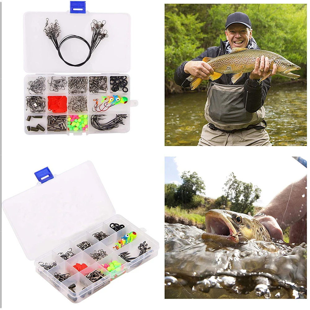 Accesorios de pesca, 325 unids/caja, Kit de aparejos que incluyen ganchos giratorios, broches, pesas, anillos, manguitos de alambre - imagen 4