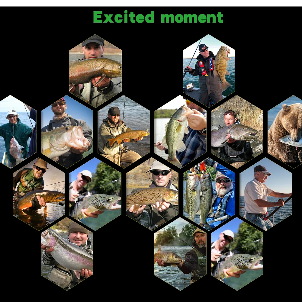 La imagen es un collage de varias fotografías que muestran a personas pescando y sosteniendo sus capturas. El tema central del collage es la emoción del momento en el que se pesca un pez, tal y como indica el texto Momento emocionado en la parte superior