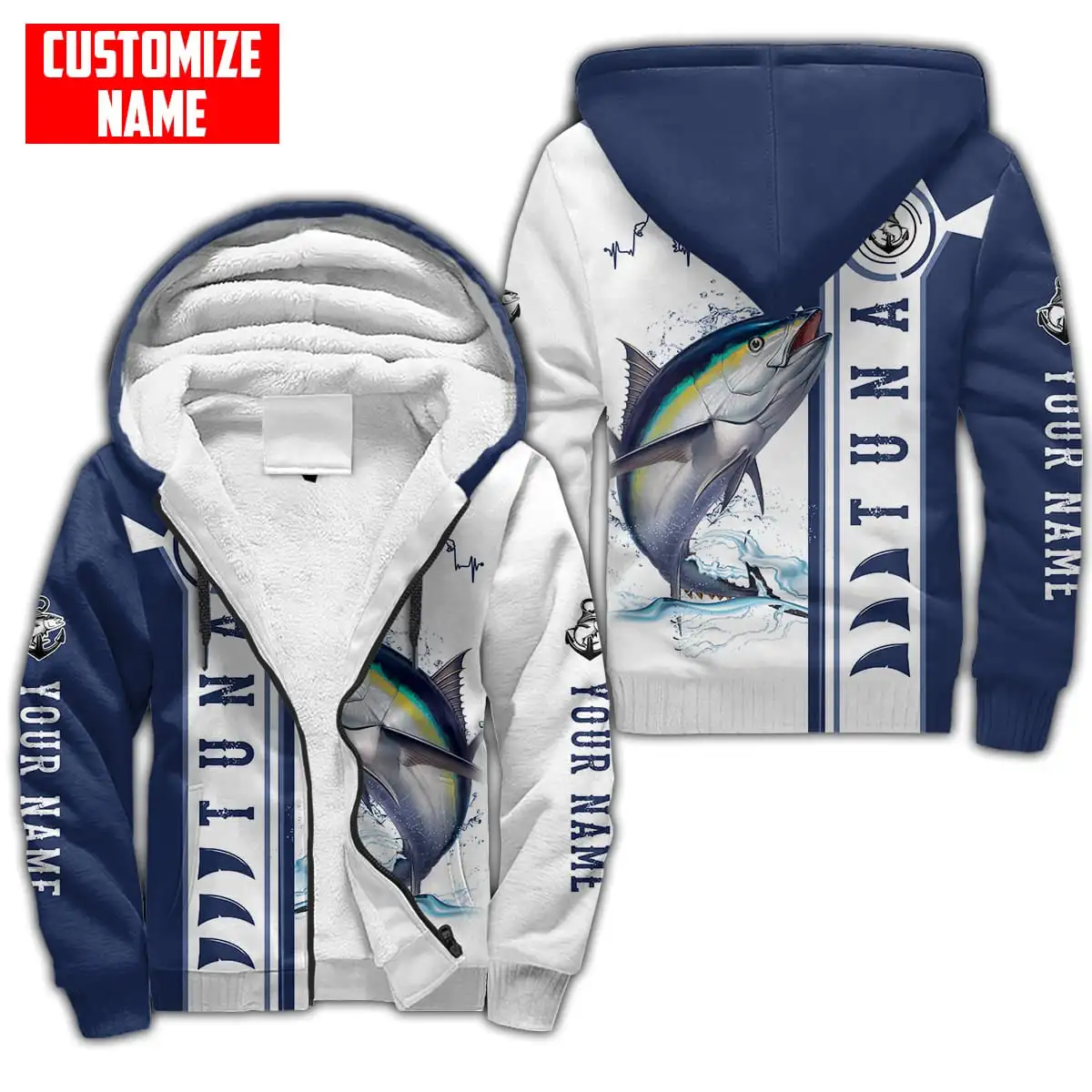 Nombre personalizado pesca atún 3D impreso invierno más grueso cremallera Sudadera con capucha Unisex Casual Abrigo con capucha chándal chaqueta de lana cálida JH07