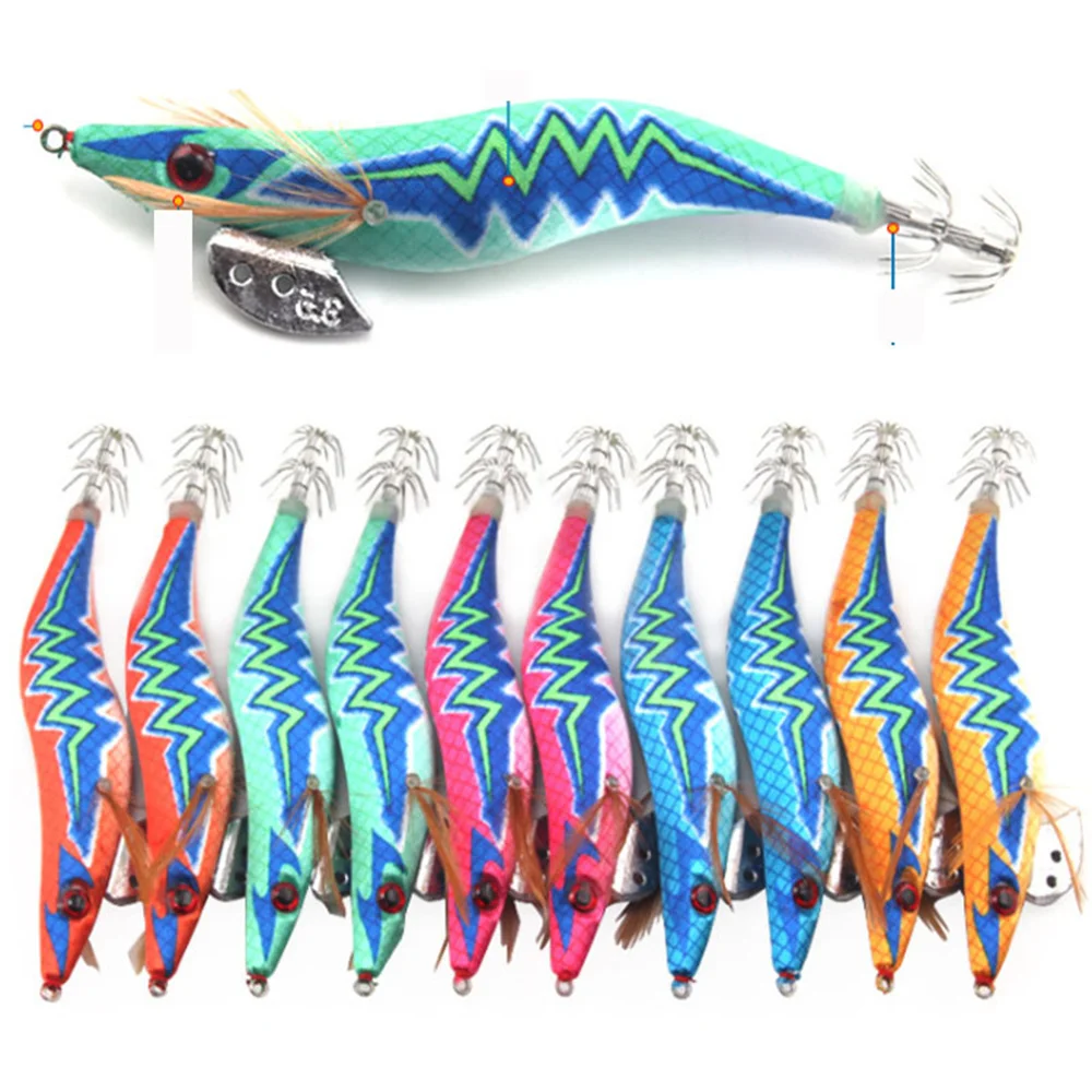 10 Uds. De cebo luminoso de madera para camarones falsos, plantilla de calamar Wobbler, señuelo de sepia, camarones de madera con 2,5 #   3.0 #   3.5 #   Sub cebo de carretera con anzuelo de calamar