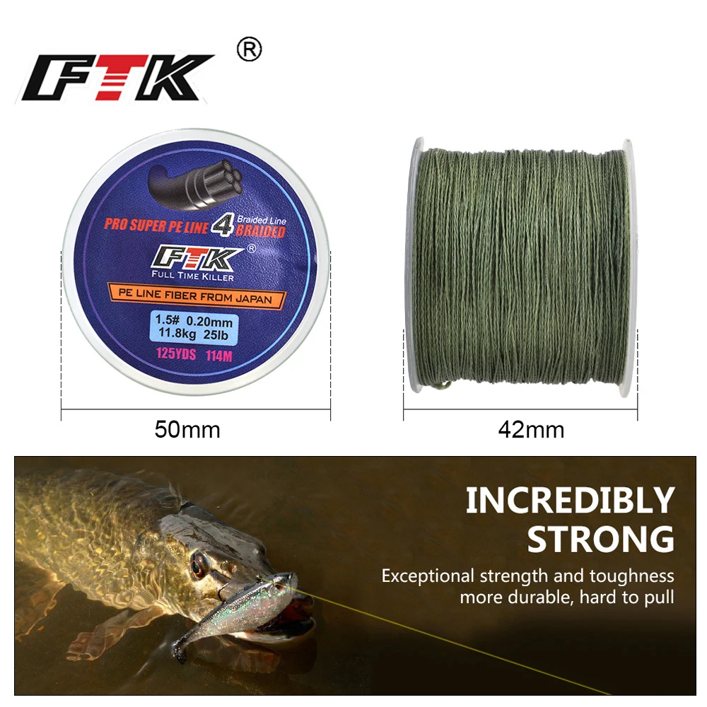 FTK-Hilo de pescar trenzado de 4 hebras, alambre multifilamento japonés de 114m y 125 yardas, multifilamento de 10mm-0,40mm, 8LB-60LB