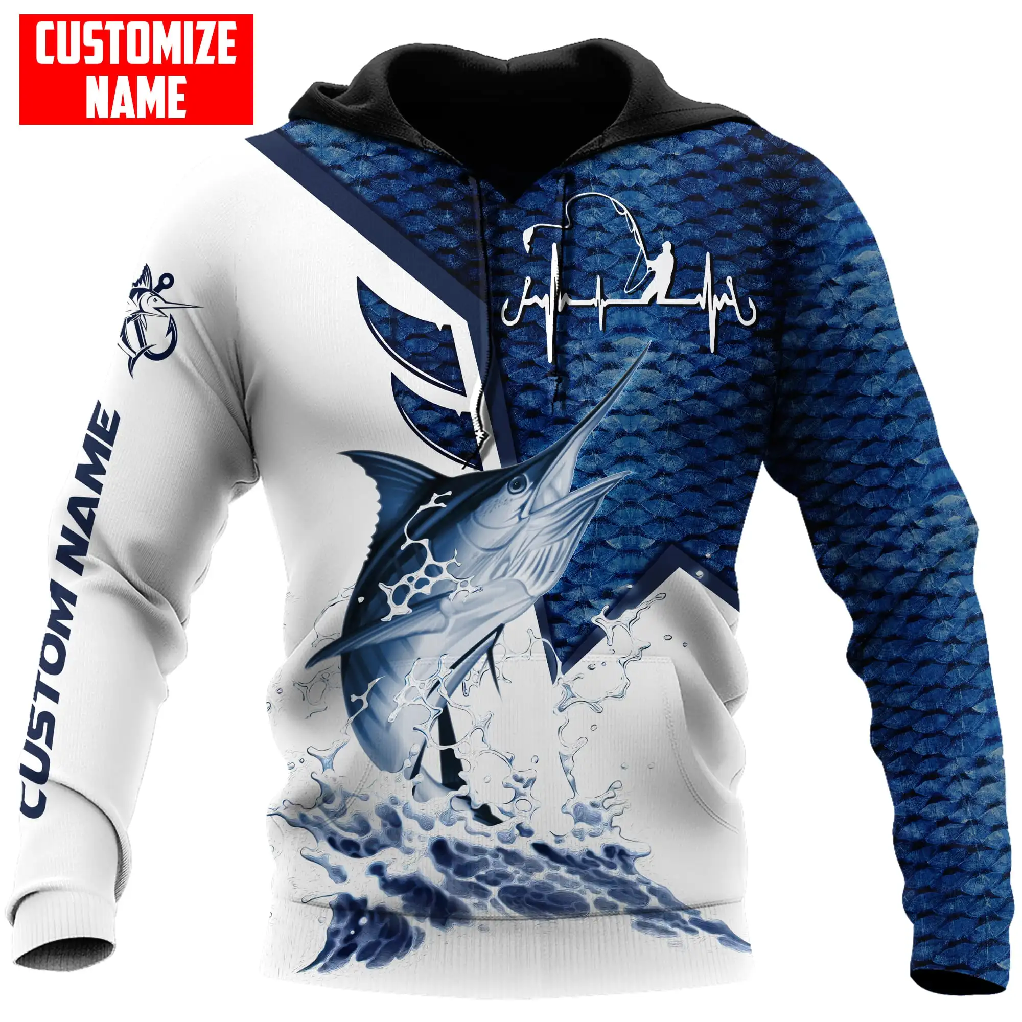 Marlin Fishing-Sudadera con capucha y sudadera con estampado 3D para hombre, sudaderas con capucha con cremallera Unisex, ropa de calle informal KJ832 - imagen 4