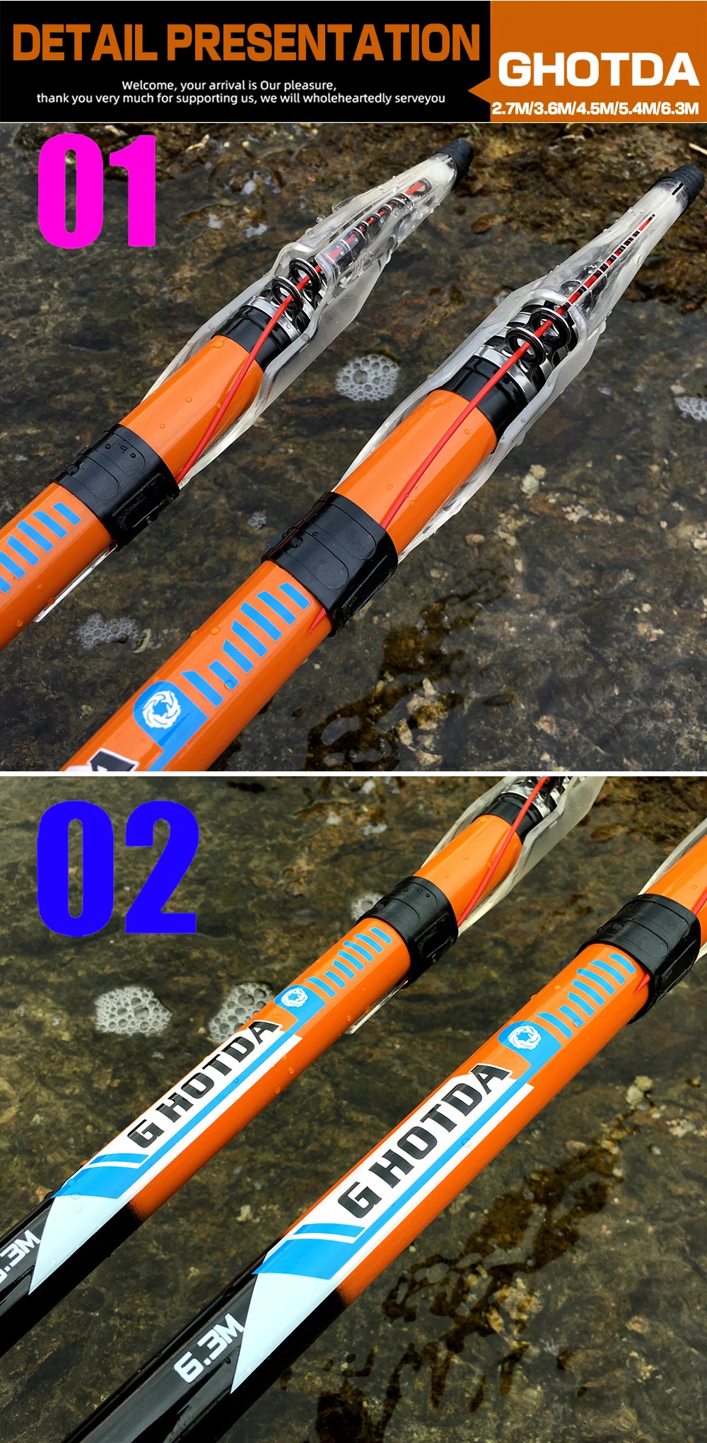 Un par de esquís tumbados sobre una superficie que parece estar mojada, posiblemente después de esquiar. Los esquís tienen una combinación de colores vibrantes en naranja y negro con detalles en azul y blanco. Hay algunos textos y logotipos en los esquís, pero la resolución no es lo suficientemente alta como para leer los detalles con claridad.