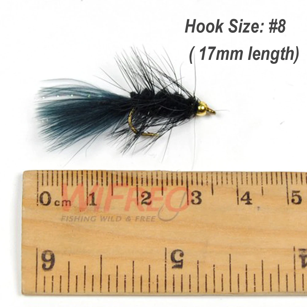 Wifreo-10 unidades, 8 #, Streamer, Woolly Bugger Fly, Color negro, con cola de Flash de cristal, cabeza dorada, caja gratis - imagen 2