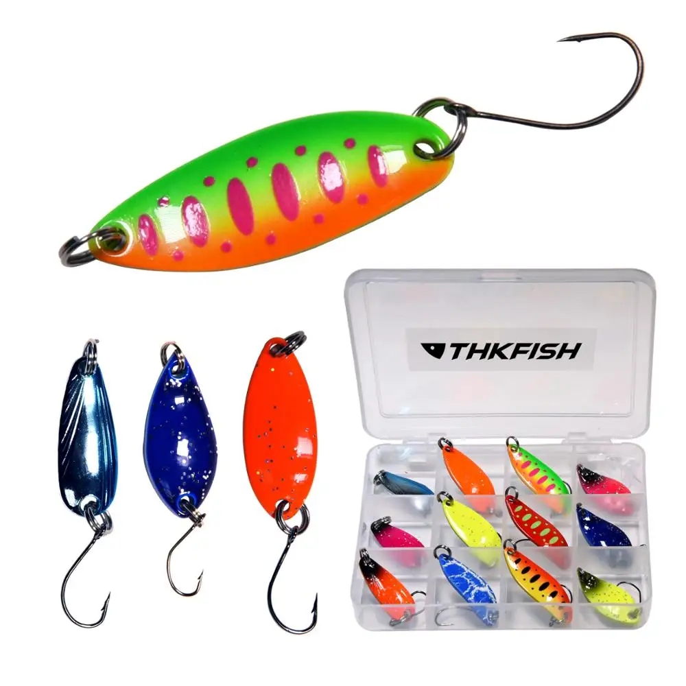 THKFISH-cerucharas de pesca, señuelos de trucha de Metal, 12 Uds., 2,8g, 3g, 3,6g, 5g, cebo duro pequeño, cuchara de pesca giratoria con un solo gancho - imagen 5