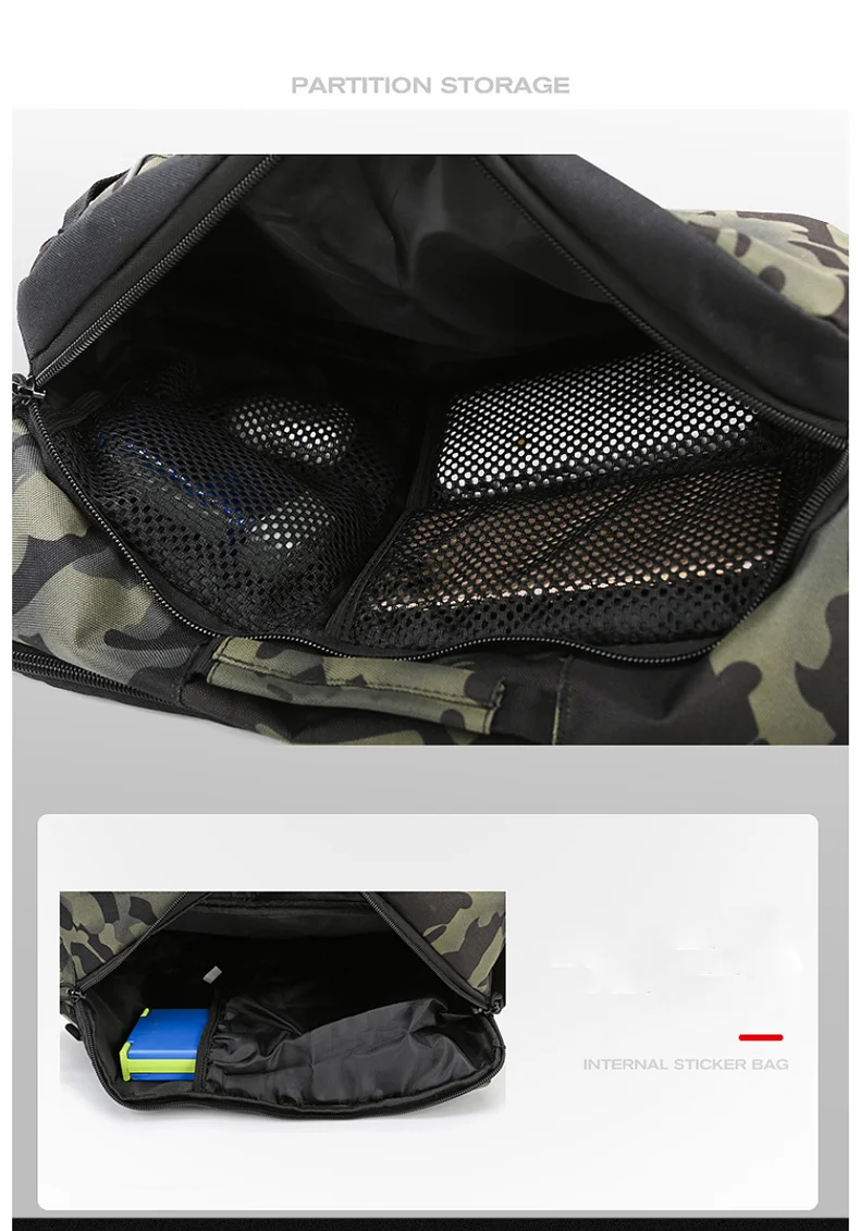 Una bolsa negra y de camuflaje con un bolsillo de malla