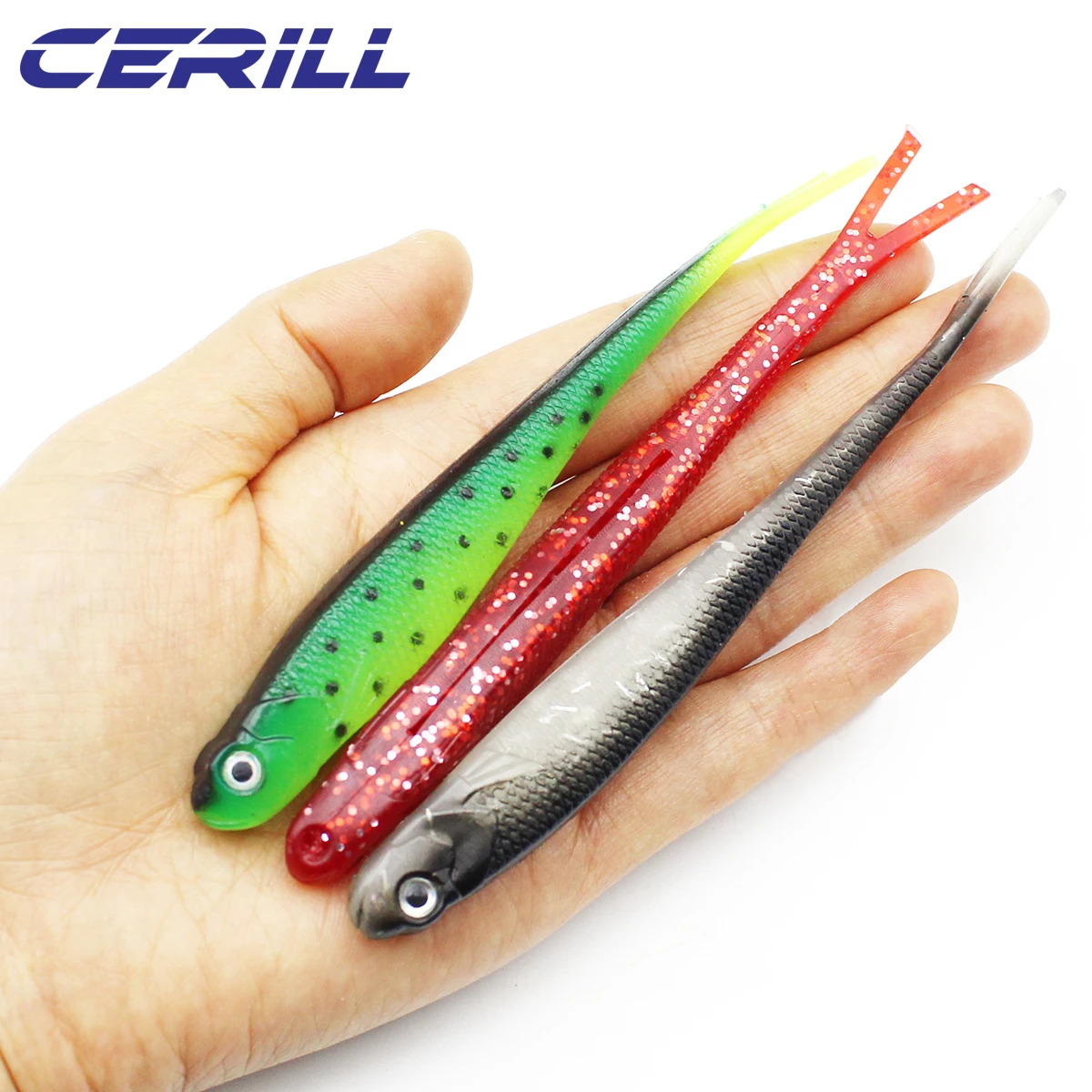 Ceril-señuelo de pesca de cola de horquilla de 5 piezas, Wobblers realistas, cebo de gusano Artificial, sábalo de silicona, trucha, carpa, lubina, aparejos Swimbait