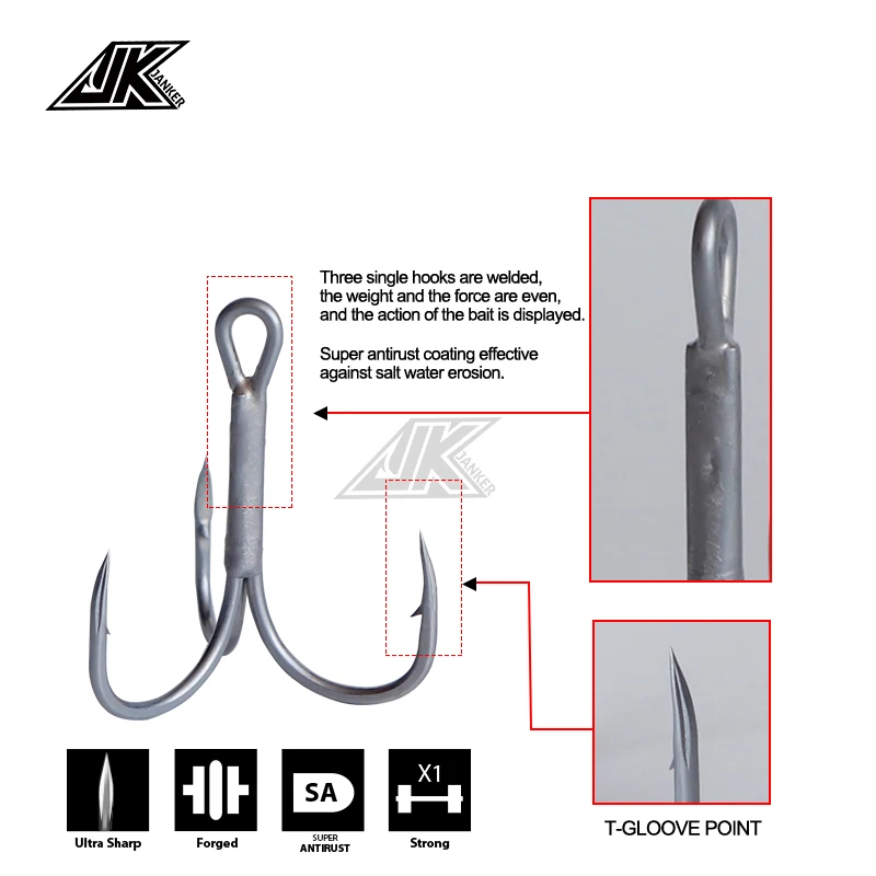 JK-anzuelos de JT-17 para pesca, anzuelos triples de Color gris, con ranura en T, 1X plantilla Triple, Super antioxidante, para cuchara ligera - imagen 4