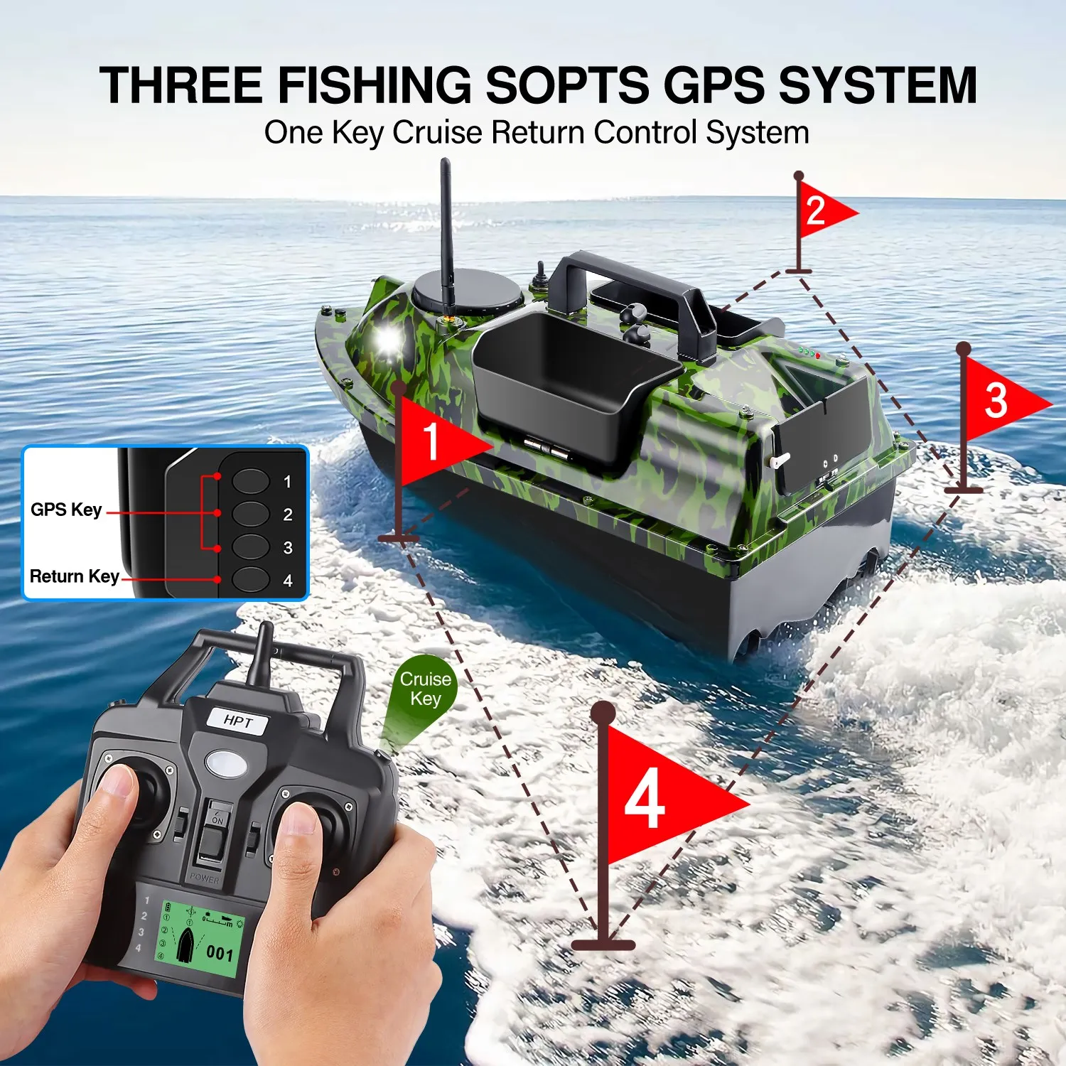 Barco de cebo de pesca con GPS RC de 500M con 3 trépas, barco de pesca de carpa, barco de juguete, telémetros de peces LCD, Sensor de Sonar, baterías de repuesto, bolso - imagen 5