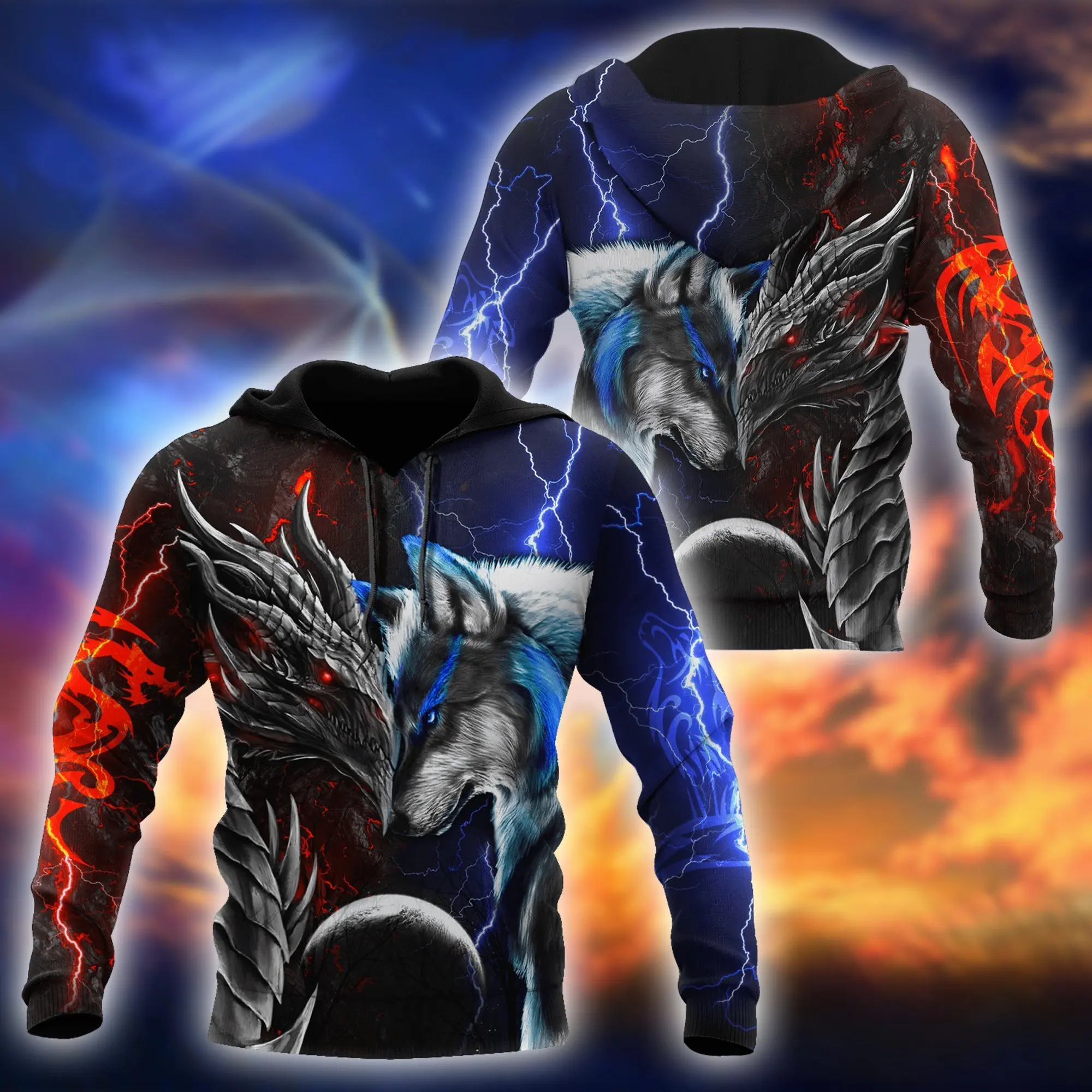 Sudaderas con capucha de otoño para hombre con estampado 3D de dragón y lobo rojo y azul, ropa de calle Unisex, chaqueta informal con cremallera, jersey KJ494 - imagen 4