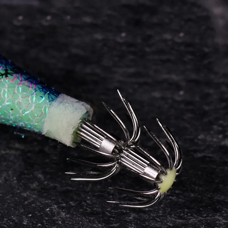 Señuelo de pesca de madera para camarones, juego de 10 piezas, anzuelo de calamar brillante, anzuelos con forma de paraguas, señuelos artificiales luminosos, 12g, 14g, 19g - imagen 4