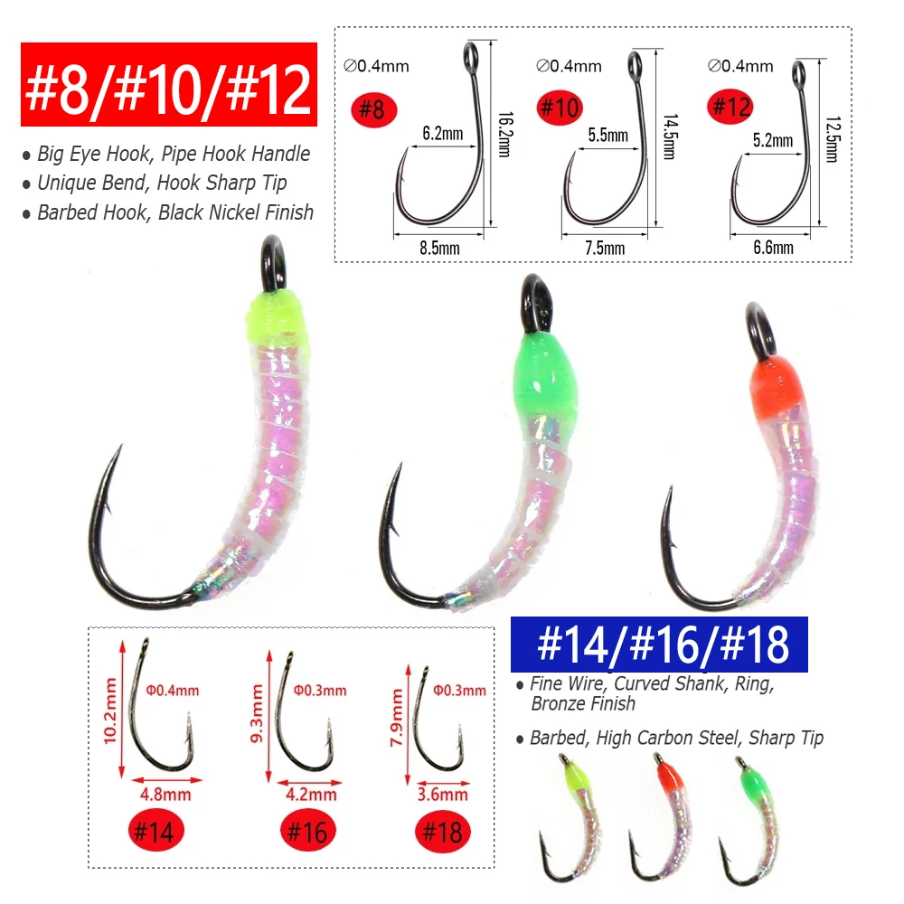 Bimoo Tamaño 6PCS # 8~ # 18 Flash Gliss Body Ninfa Fly larva trucha pesca moscas cebo señuelo con anzuelo de ojo grande cebo Artificial verde - imagen 3