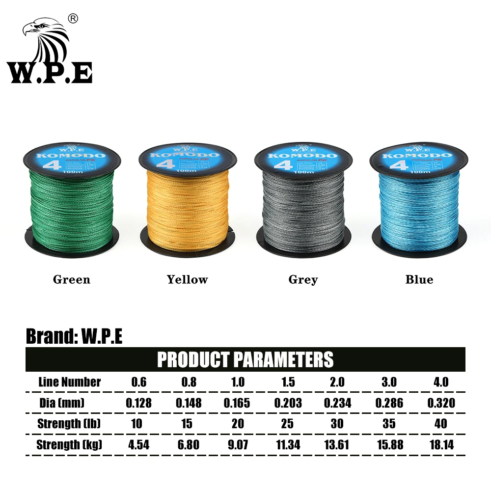 W.P.E KOMODO-sedal de Pesca trenzado, 4 hebras, 100m, 0,6 #-4,0 # PE, 10lb-40lb, aparejos de Pesca de carpa - imagen 2