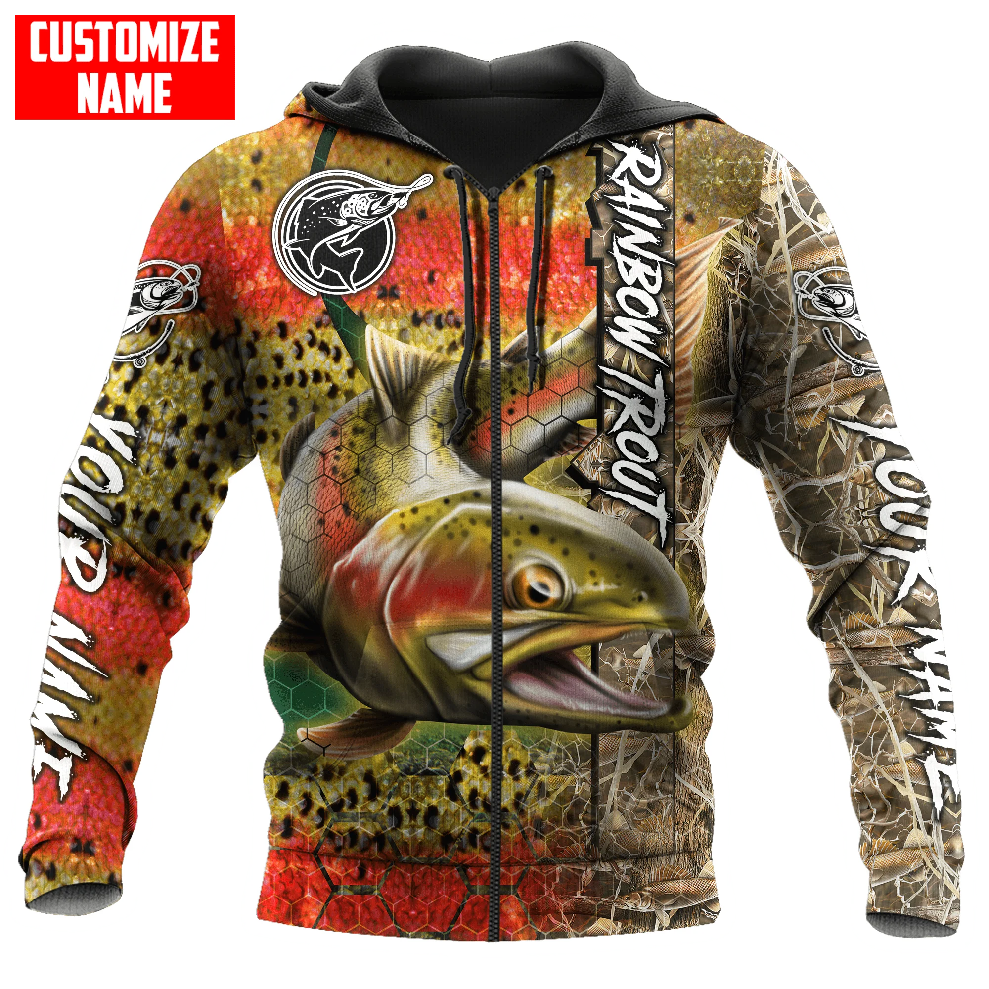 Sudadera con capucha y sudadera para hombre con estampado 3D de camuflaje de piel de pesca de trucha, sudaderas con cremallera Unisex de otoño, ropa de calle informal KJ834 - imagen 4