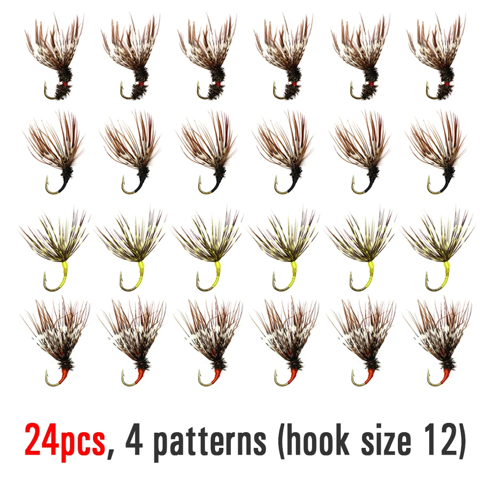 Wifreo-cebos de pesca con mosca, 24 unids/lote/caja, caja de moscas Tenkara con mosca impermeable, tamaño 12, anzuelo de púas - imagen 4