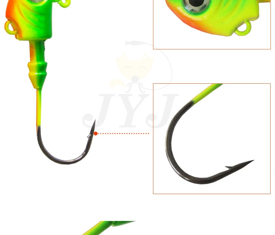 Anzuelo mostrando su diseño de cabeza de pez y colores variados para mayor atracción