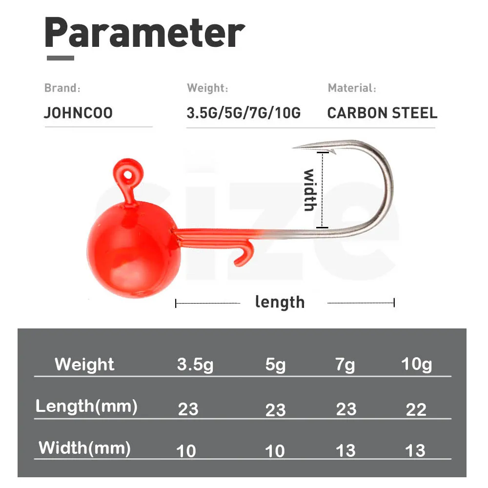JOHNCOO, 6 uds., cabezales de bola, 3,5g, 5g, 7g, 10g, anzuelo de cabeza, gusano, sábalo, sin malezas, anzuelos de pesca con púas, señuelos, cebo - imagen 3