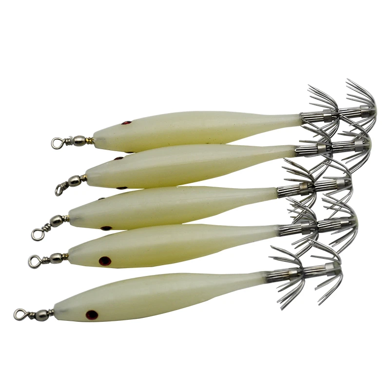 Bolsa de Señuelos de Pesca, plantillas de gancho de calamar, cuerpo fluorescente, doble paraguas, anzuelo de gamba, cebos 3D, ojos luminosos, LuresSquid, cebo oscilante, 5 uds. - imagen 3