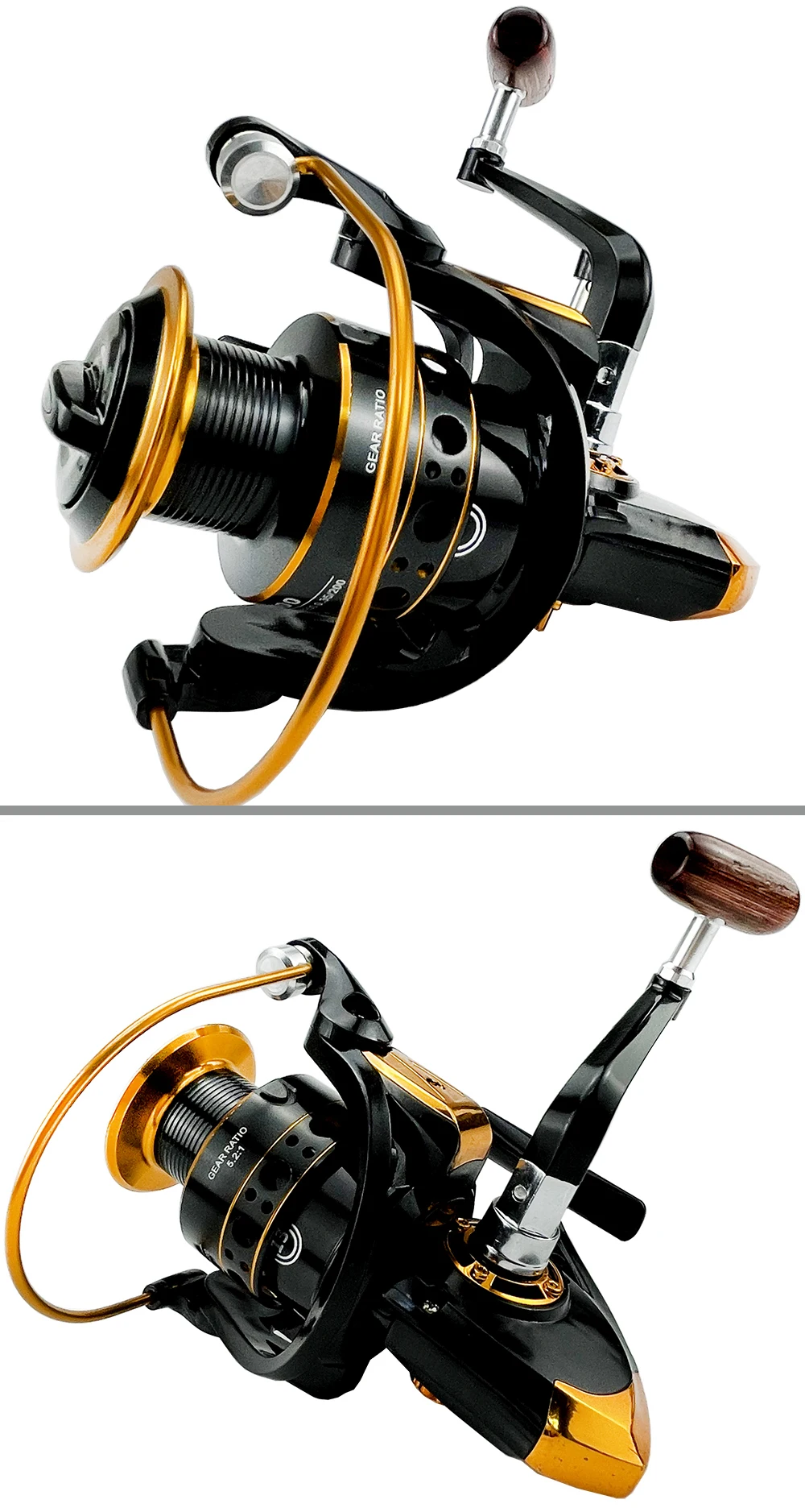 Un carrete de pesca, que es un dispositivo utilizado para enrollar y recuperar hilo de pescar. El carrete está diseñado con una combinación de colores negro y dorado, con carrete, mango y varios componentes mecánicos que permiten al usuario controlar la recuperación del hilo.