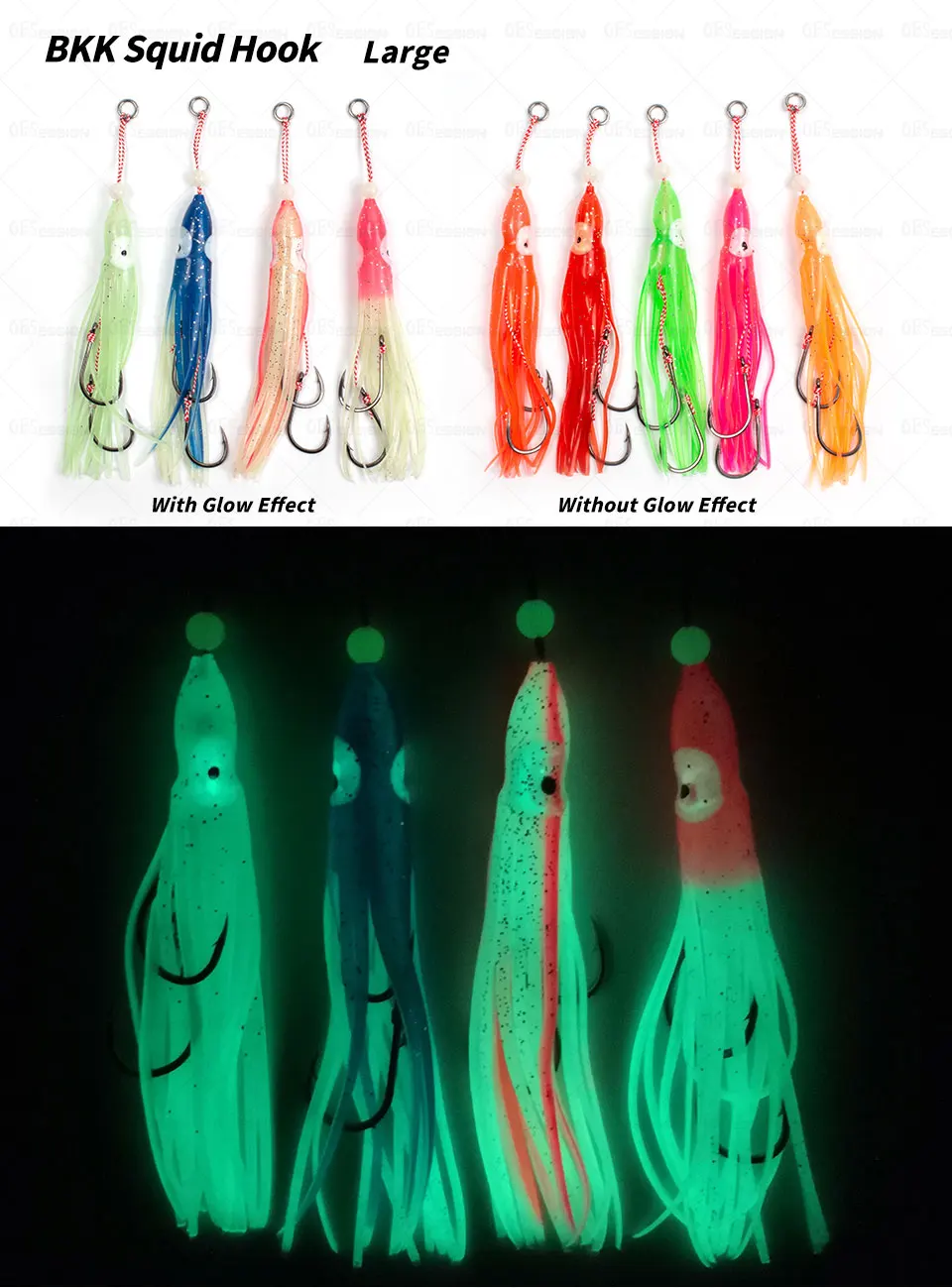 Una colección de señuelos de pesca conocidos como anzuelos de calamar. Estos señuelos están diseñados para parecerse a los calamares y se utilizan para atraer peces. La mitad superior de la imagen muestra los señuelos a la luz del día, mostrando sus colores y diseños.
