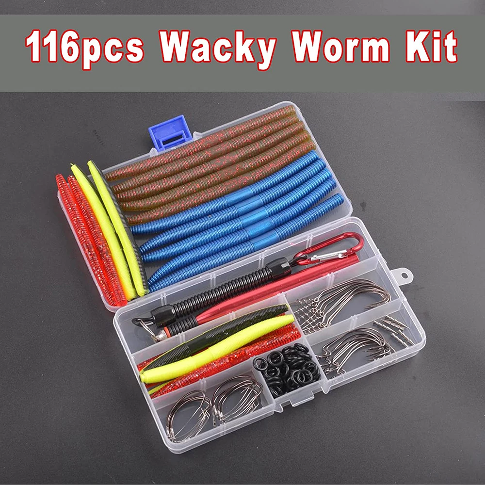 Kit de Señuelos de Pesca de gusano loco, 116 unidades, cebos de gusano suave, Kit de herramientas de pesca, juntas tóricas, truchas, lubinas, Jigging, kit de aparejos de señuelo - imagen 5