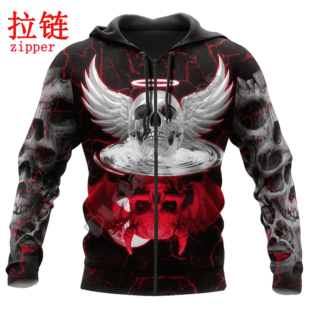 Wing Skull Angel And Demon 3D completamente estampado Sudadera con capucha y sudadera para hombre otoño Unisex cremallera sudaderas con capucha ropa deportiva Casual KJ851 - imagen 5