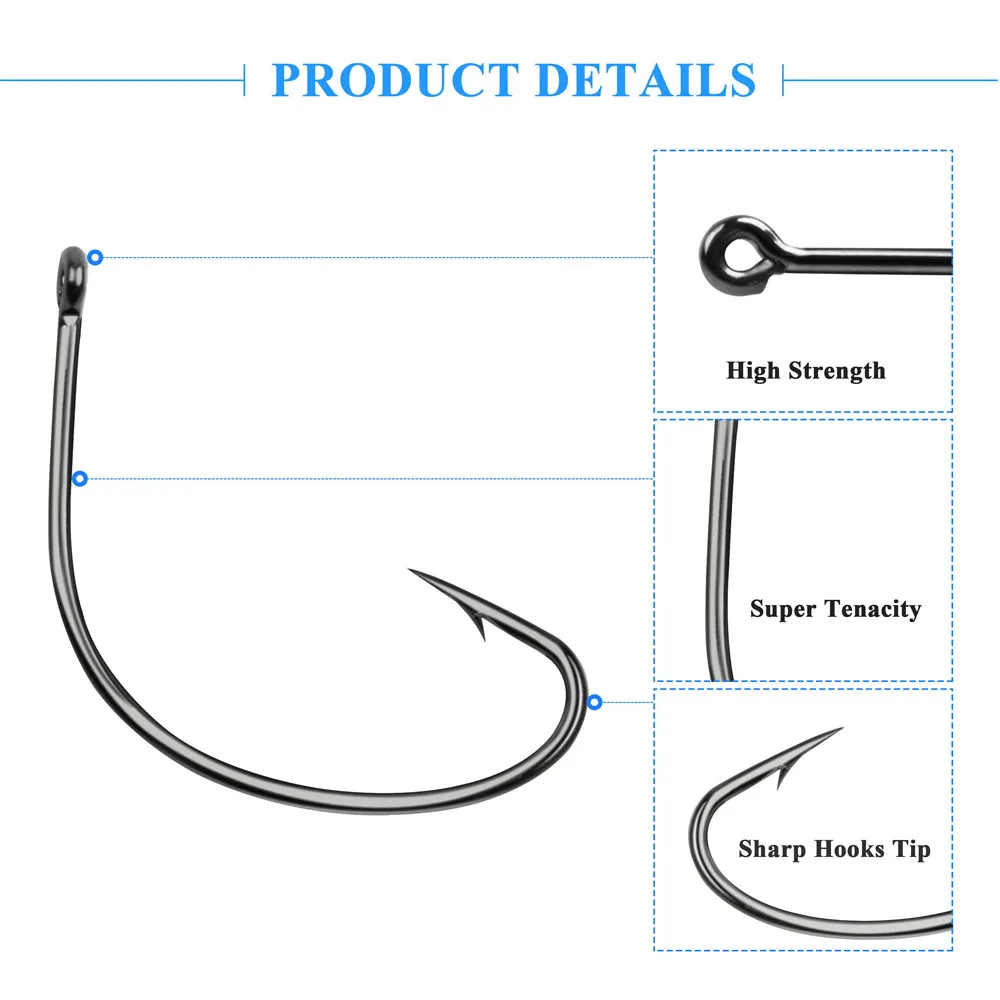 50 Uds 37753 anzuelos de pesca de acero rico en carbono gusano loco sin malezas anzuelos de pesca de espacio ancho para pesca de lubina tamaño 4 # 2 # 1 # 1/0 - imagen 3