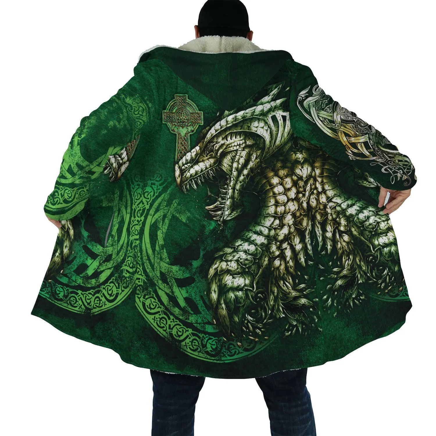 Moda de invierno para hombre capa con capucha Fenrir Lobo tatuaje dragón estampado 3D polar grueso cortavientos Unisex Casual capa con capucha cálida BB03