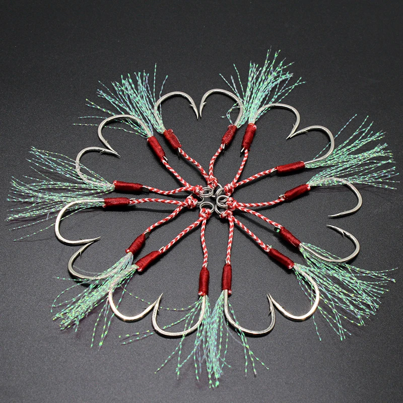 10 par/lote anzuelo de Pesca Jig doble par de anzuelos hilo de púas accesorios de plumas Pesca señuelo de Pesca de acero rico en carbono Jigging lento - imagen 4