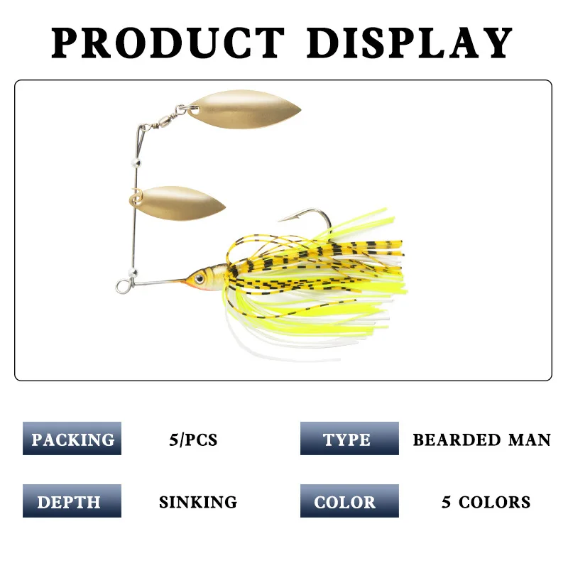 Detalle del spinnerbait mostrando su diseño de anzuelos de carpa y colores variados