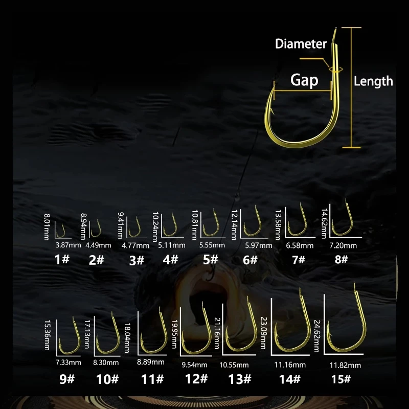 100 unids/caja anzuelos de pesca 1 # -13 #   Anzuelo de púas de oro negro, accesorios japoneses de aparejos de pesca de carpa con boca torcida de alto carbono - imagen 3